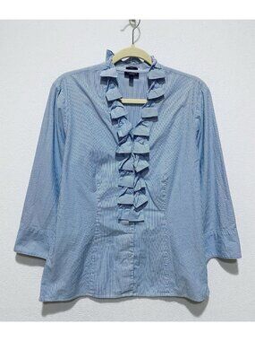 Talbots Top Womens 12 Blue Pinstripe Twist Bow Button Up Cottagecore Feminine